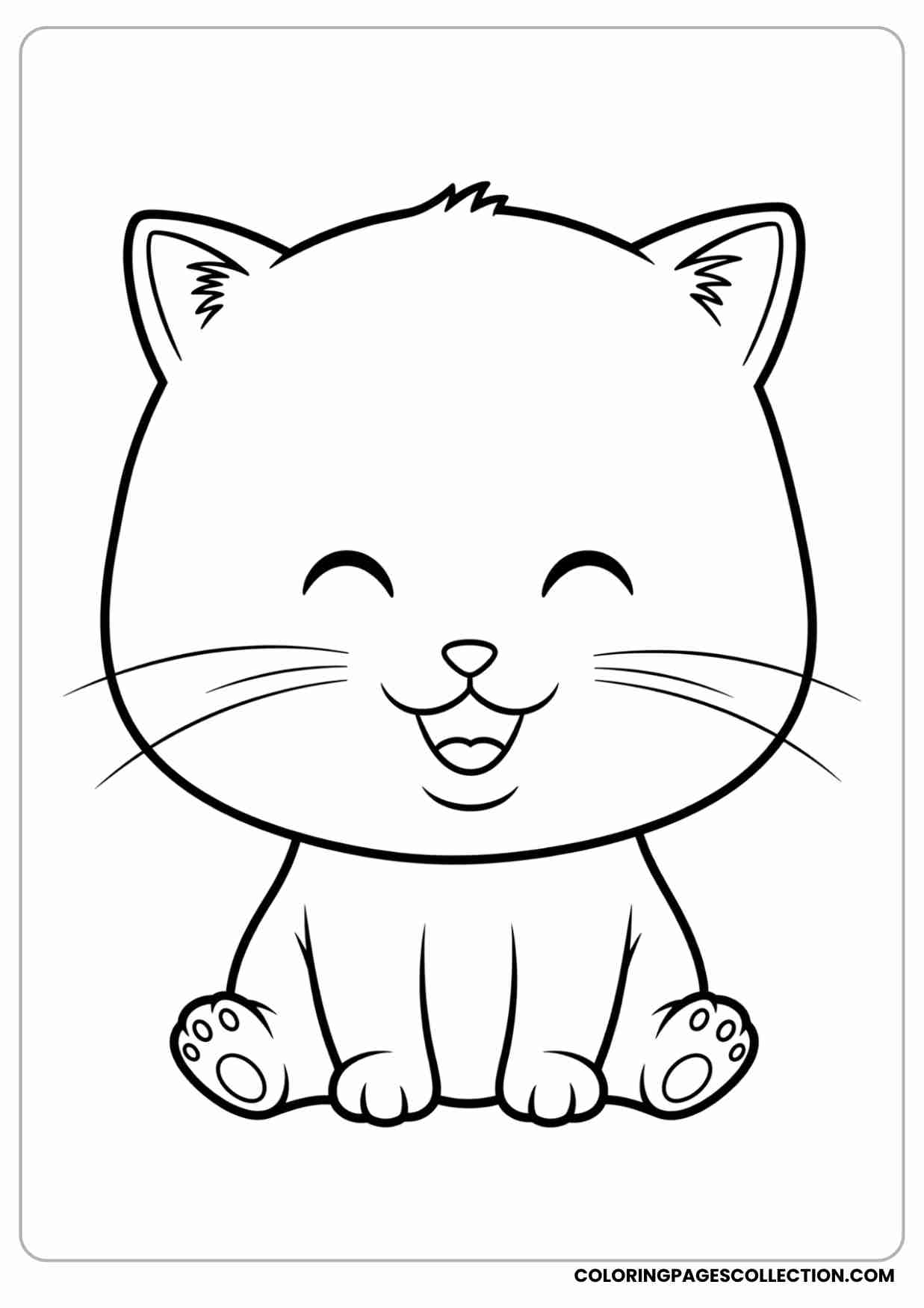 Cartoon-style baby kitten, big round head, small chubby body, short legs, sitting and smiling.