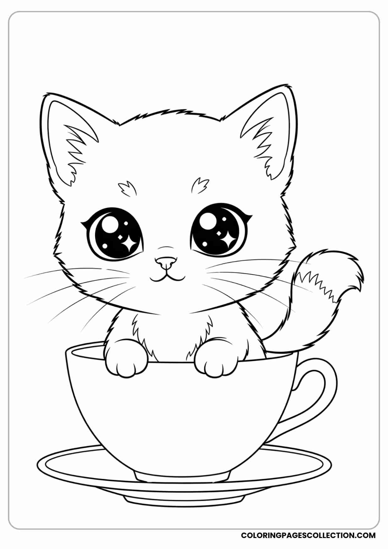 Chibi-style tiny kitten, big shiny eyes, small round ears, fluffy tail, sitting in a teacup.