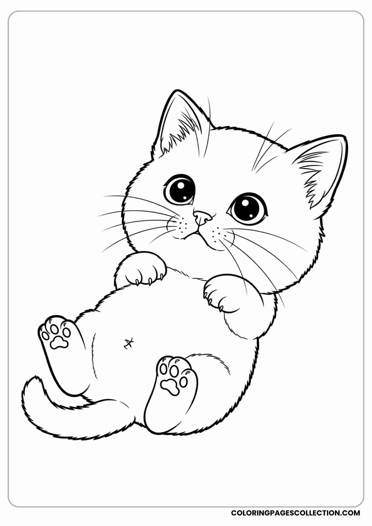 Very young kitten with an oversized head, tiny paws, round belly, lying on its back, cartoon style.