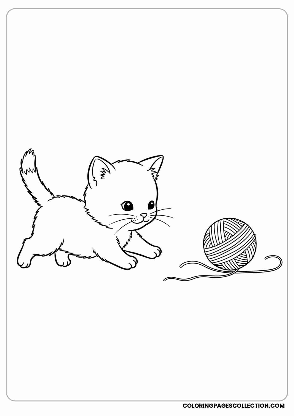 Baby kitten chasing a simple yarn ball, short legs, tiny ears, fluffy cheeks, cartoon style.