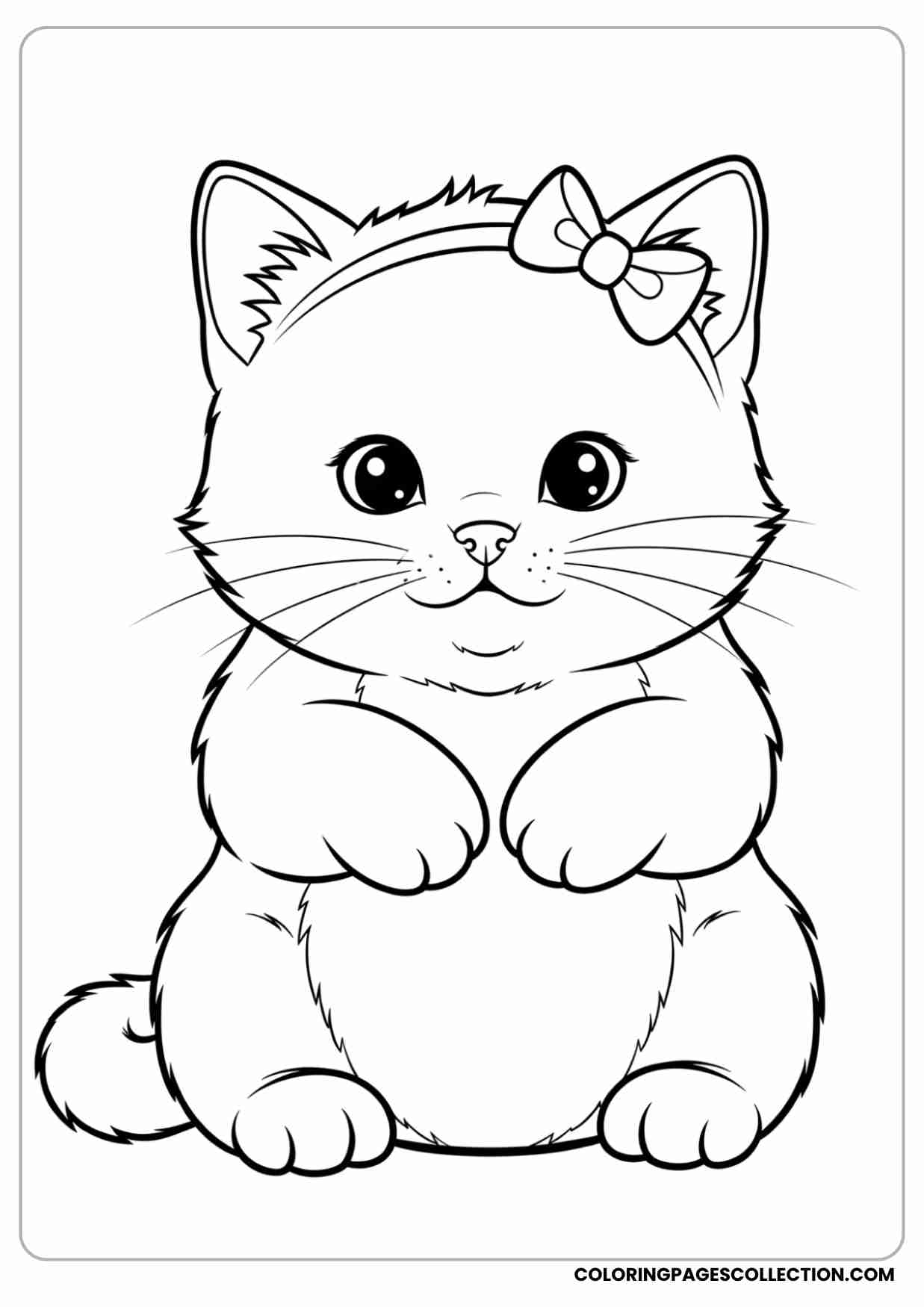 Chubby baby kitten wearing a tiny bow, sitting with front paws close together, cartoon style.