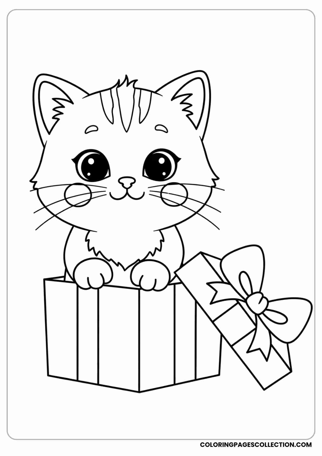 Kitten with short legs peeking out from a gift box, big eyes, fluffy cheeks, cartoon style.
