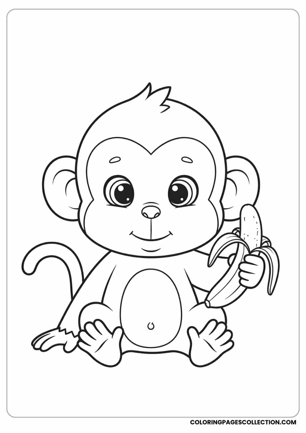 Cute baby monkey sitting with a banana in hand, big round eyes, simple cartoon style.