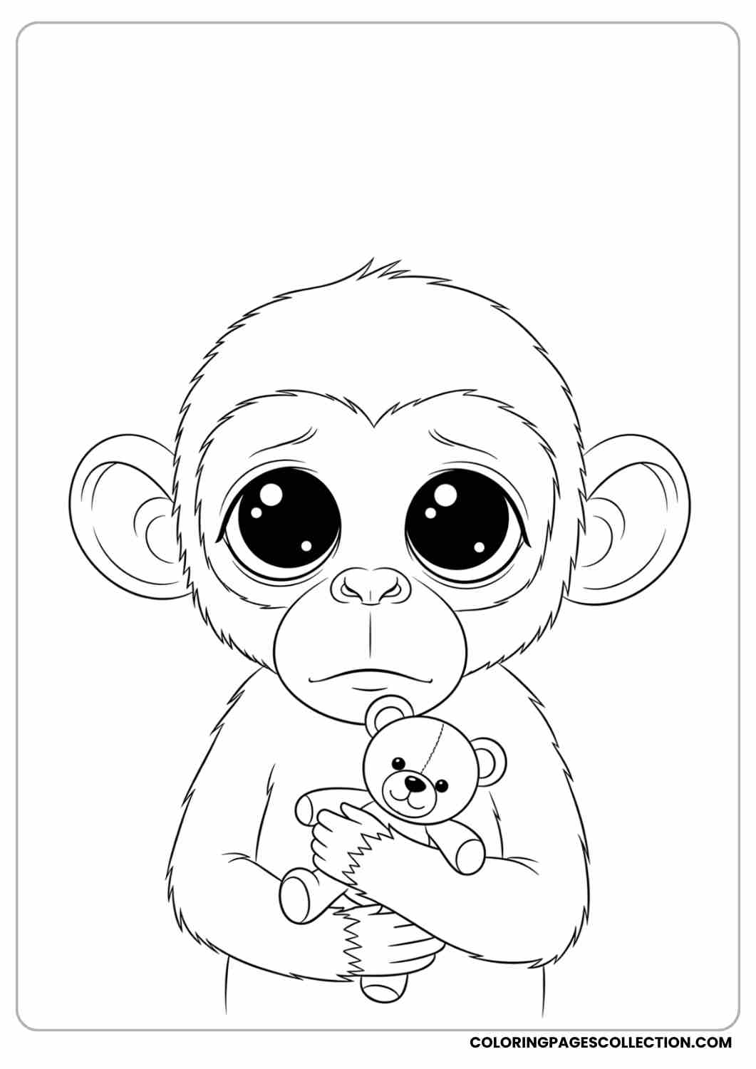Monkey hugging a small teddy bear, large eyes.