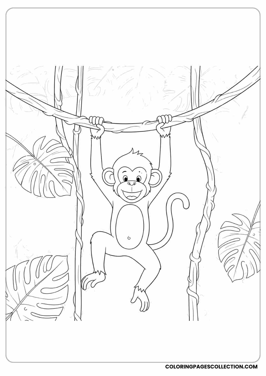 Playful monkey swinging between two jungle vines, wearing a cheeky smile, leaves around.
