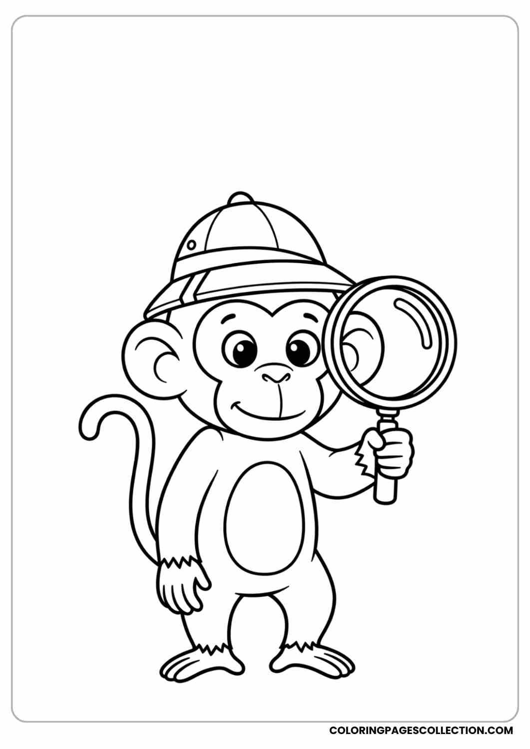 Monkey wearing a little explorer hat, holding a magnifying glass.