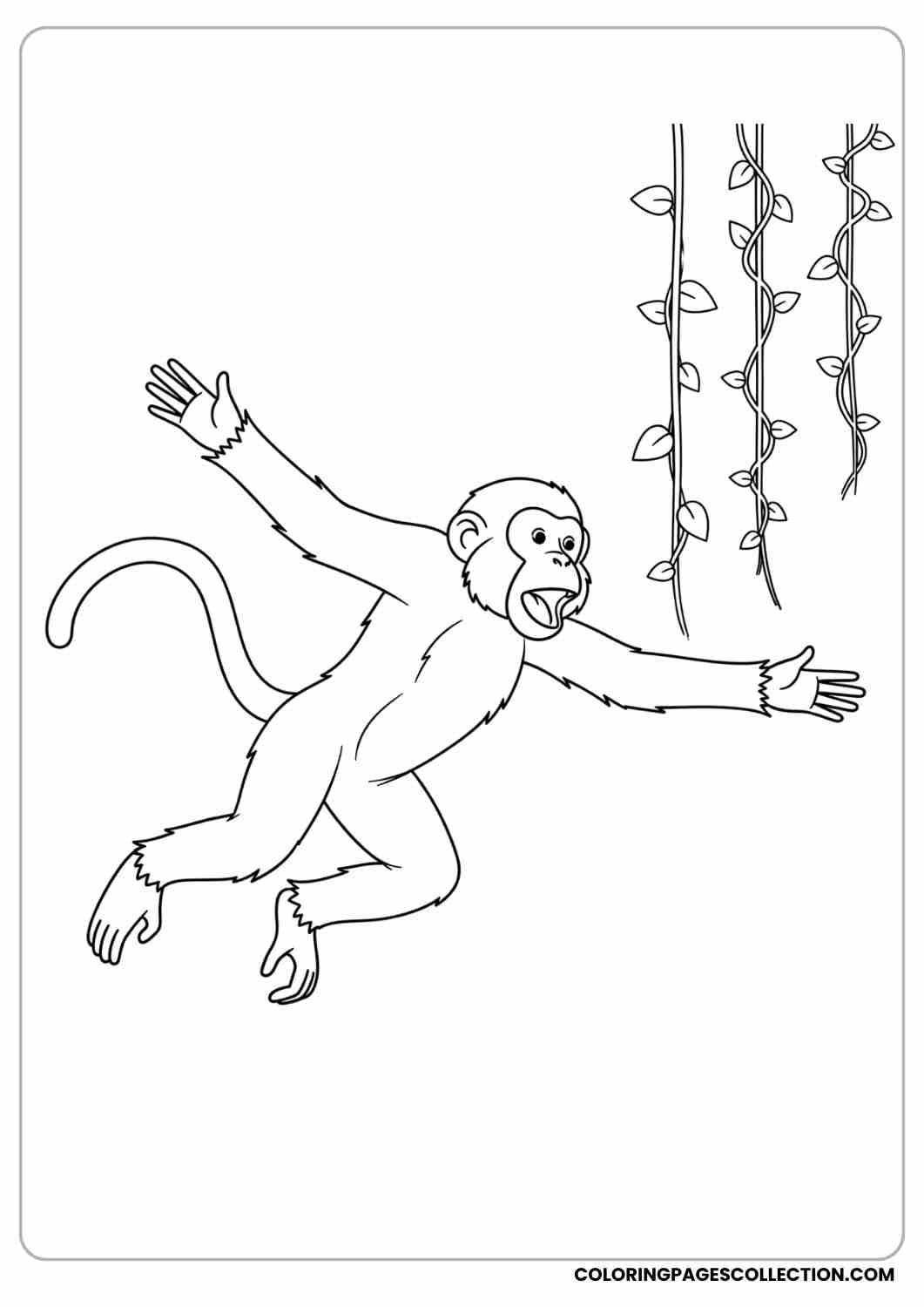 Jumping monkey with open arms, simple jungle vines in the background.