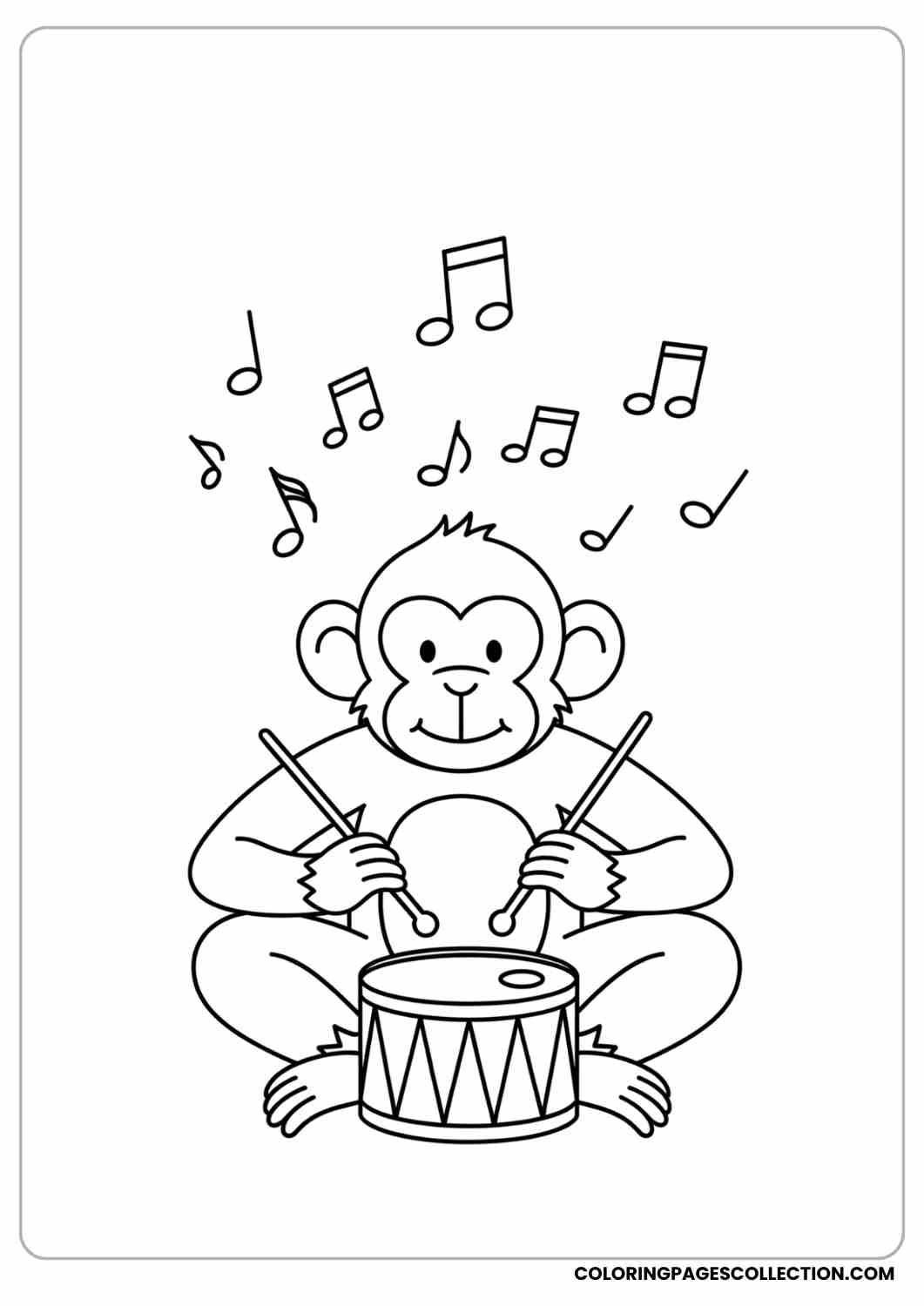 Monkey playing a small drum, sitting cross-legged, musical notes floating.