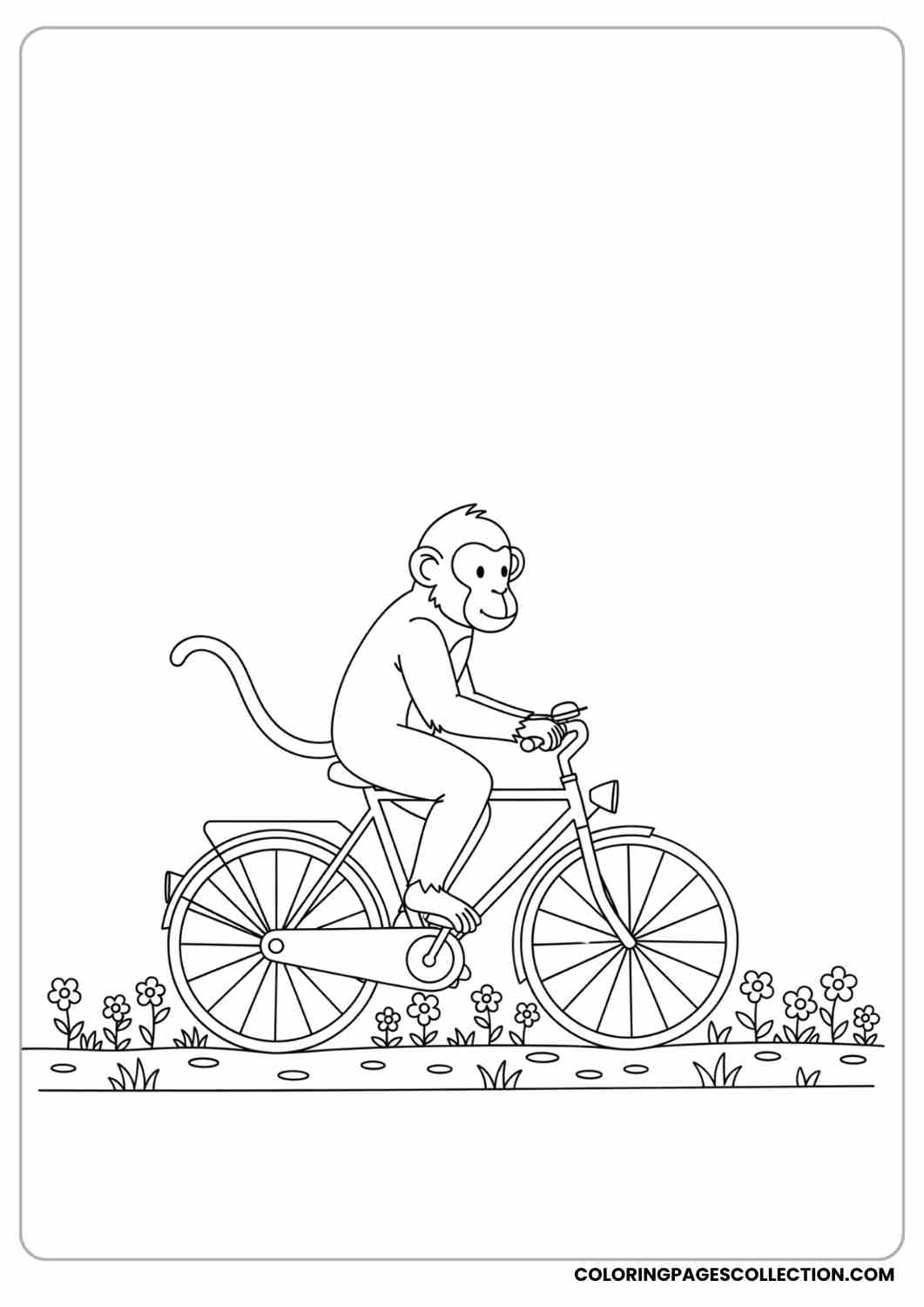 Monkey riding a bicycle, small flowers along the path.