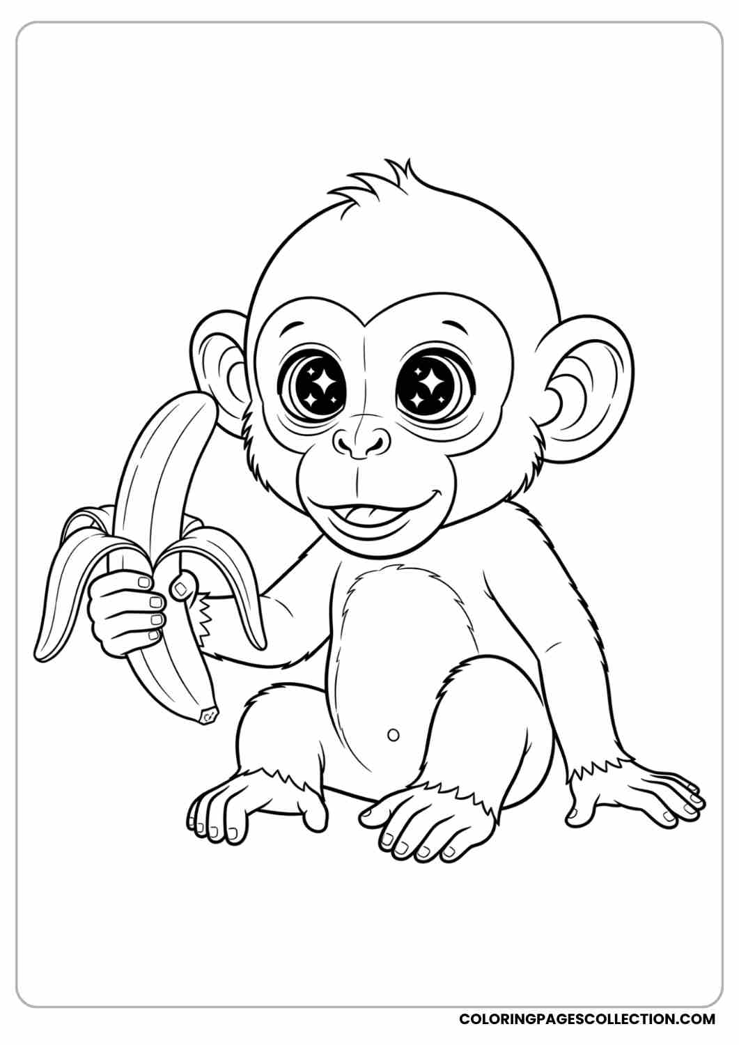 Baby monkey with oversized sparkling eyes, sitting with a banana half-peeled in hand.