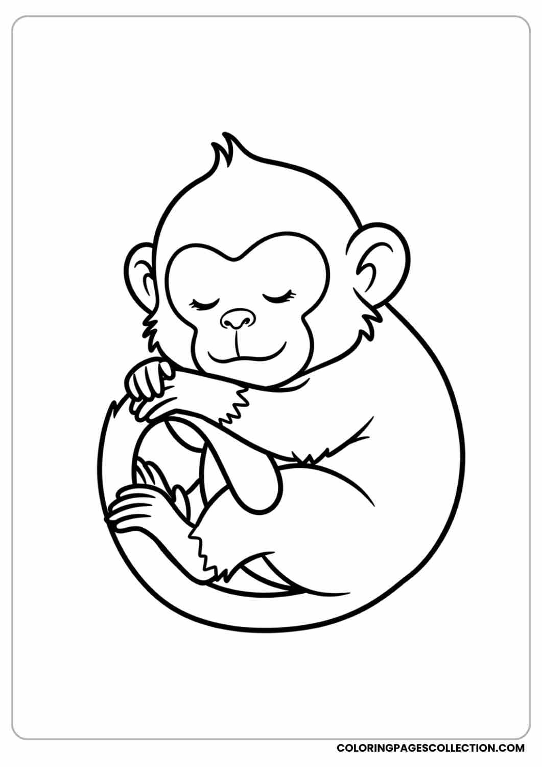 Tiny chubby monkey hugging its tail like a blanket, shy smile.