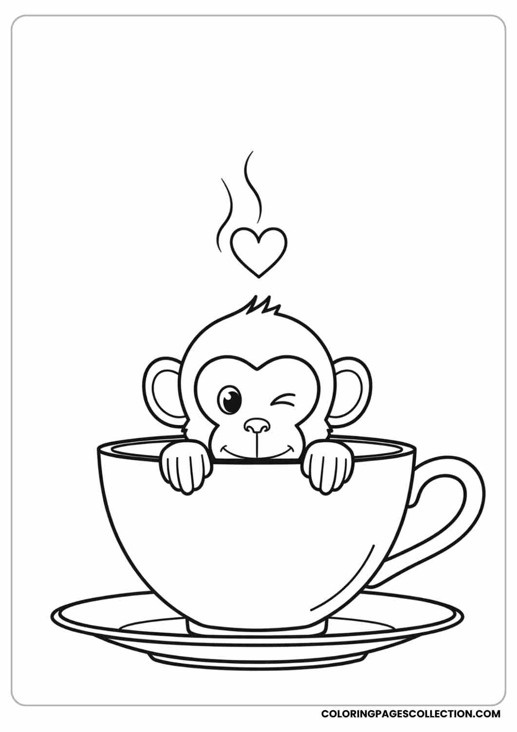 Playful monkey peeking from inside a teacup, small steam heart above.