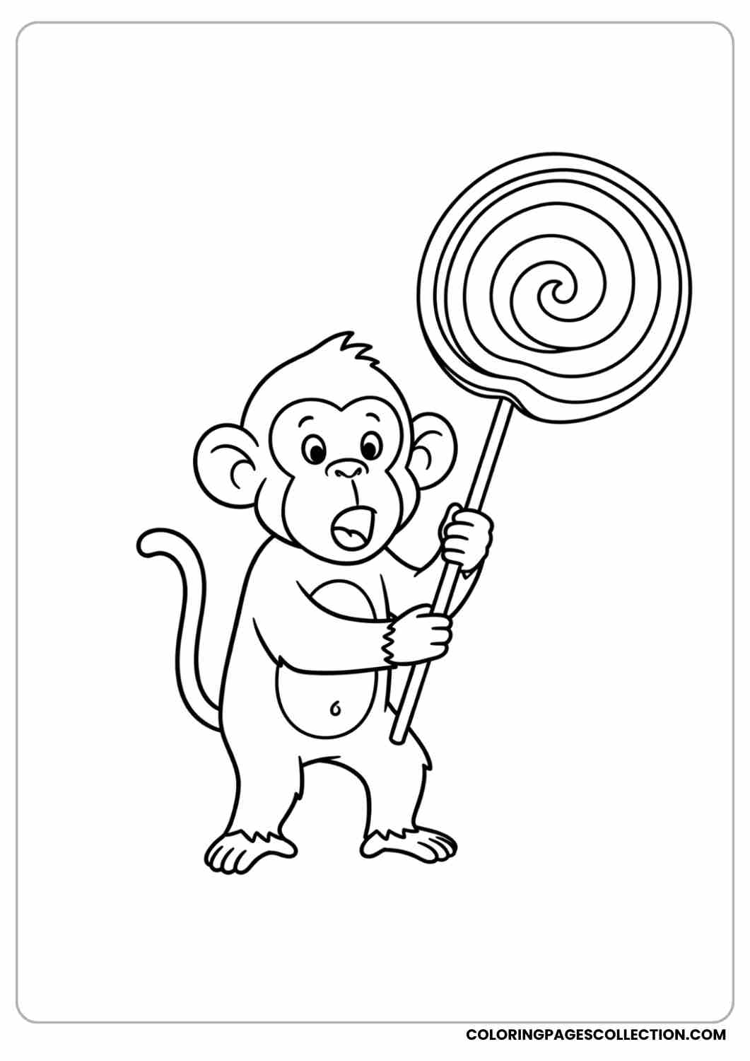 Monkey holding a giant lollipop almost bigger than itself.