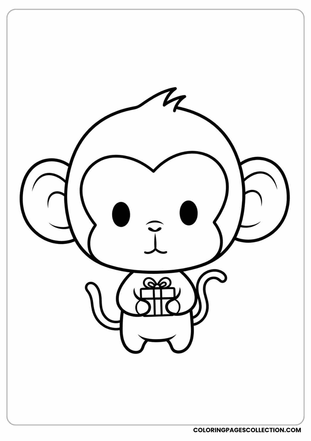 Chibi-style monkey with round ears and rosy cheeks, holding a tiny gift box.