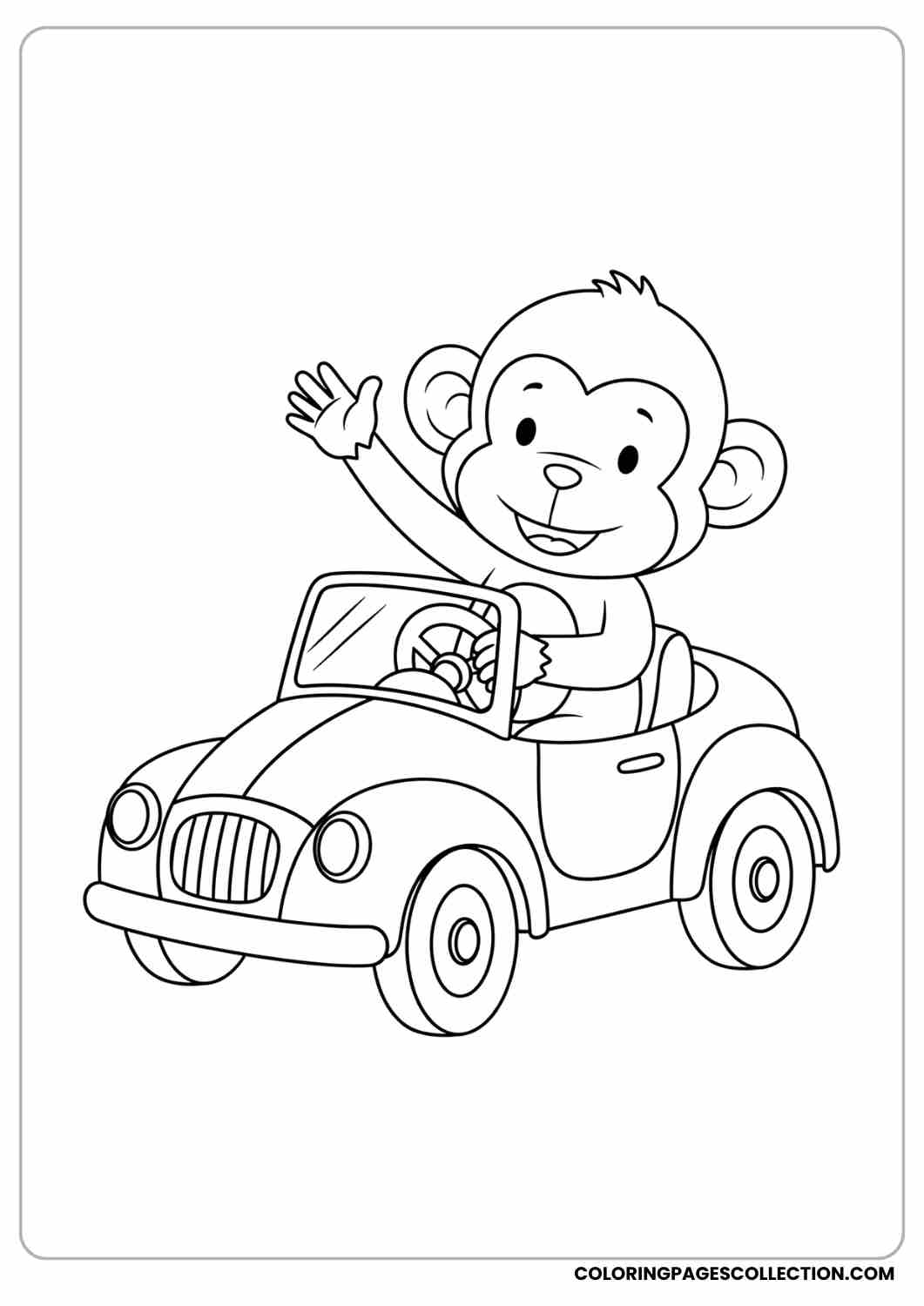 Monkey sitting in a small toy car, waving.