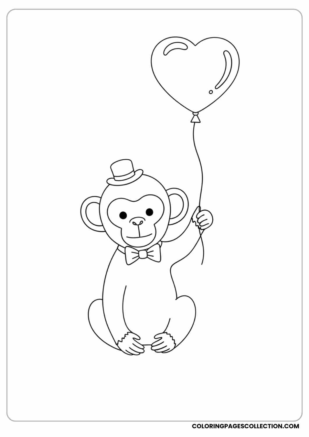 Monkey wearing a tiny bow tie and hat, holding a heart-shaped balloon.