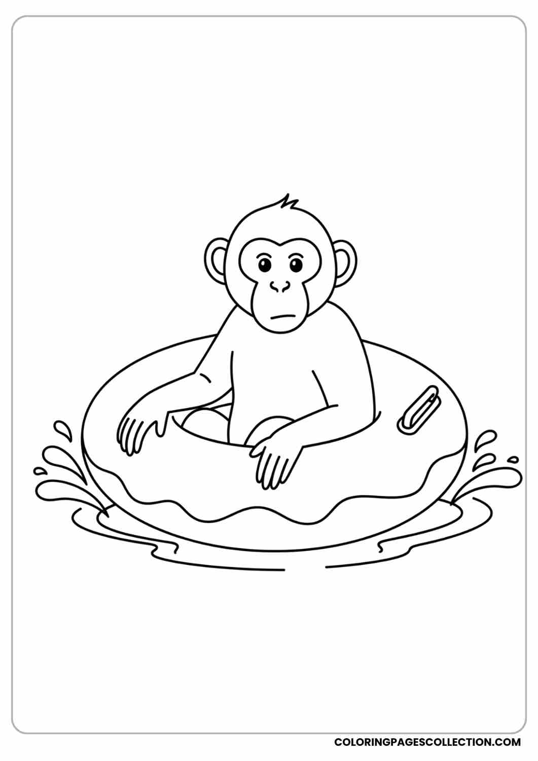 Monkey sitting inside a donut-shaped floatie, small splashes around.