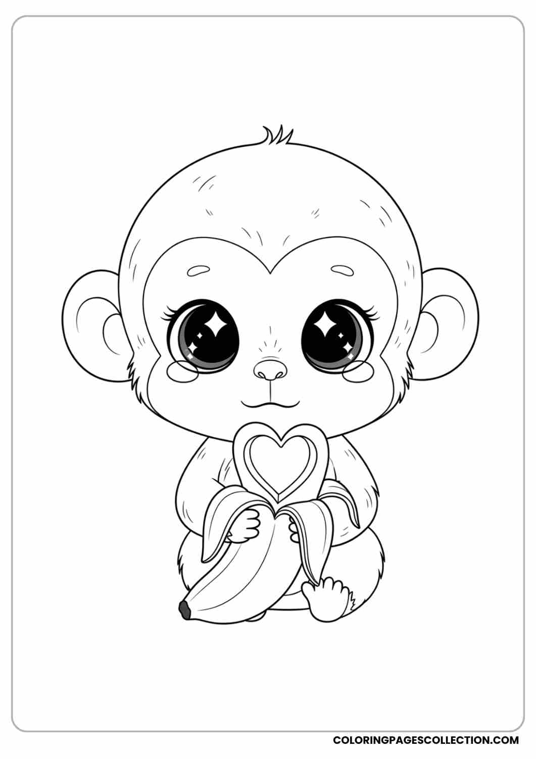 Kawaii baby monkey with big shiny eyes, tiny round ears, holding a heart-shaped banana.