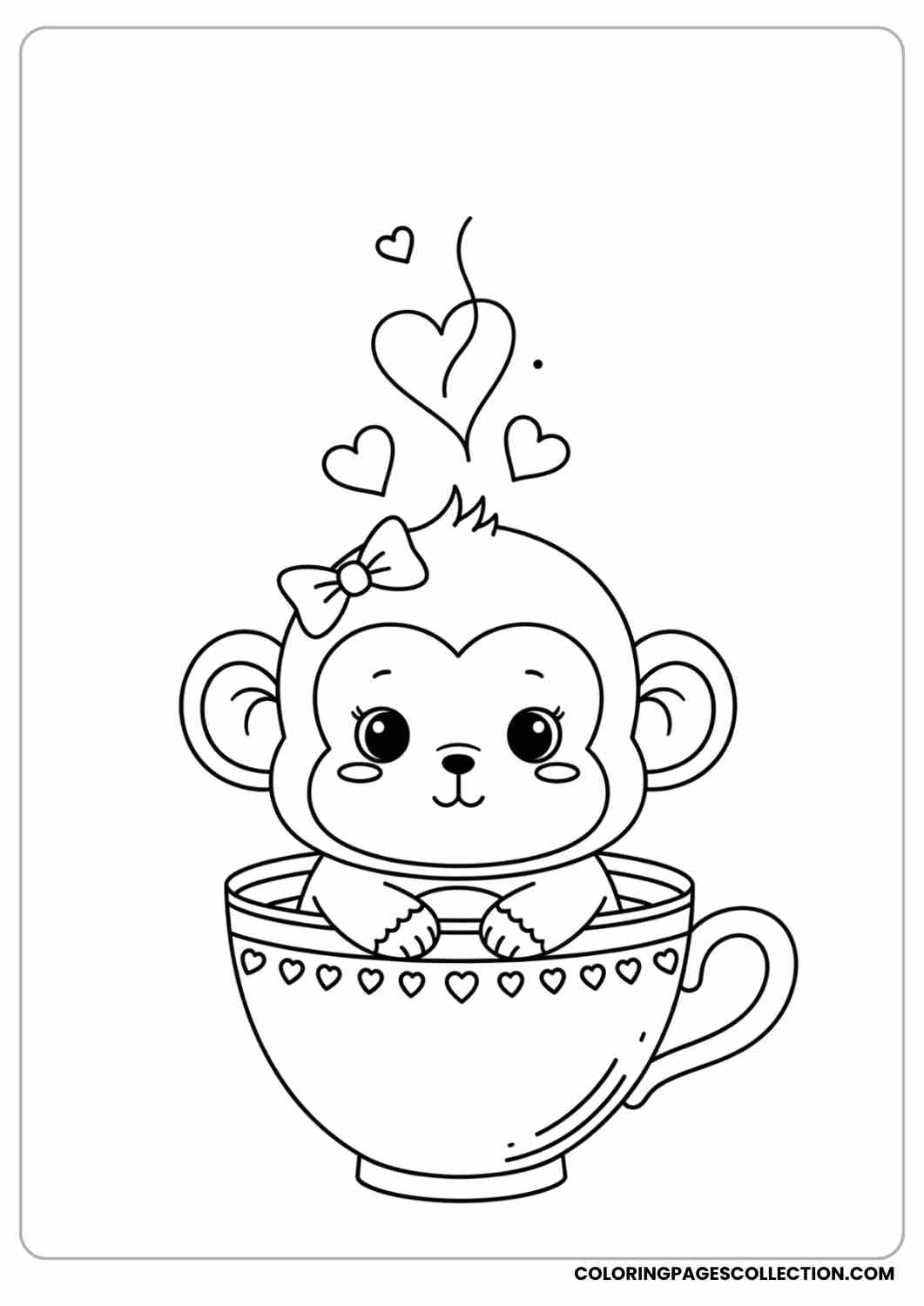 Kawaii chubby monkey wearing a tiny bow, sitting in a teacup with steam hearts floating above.