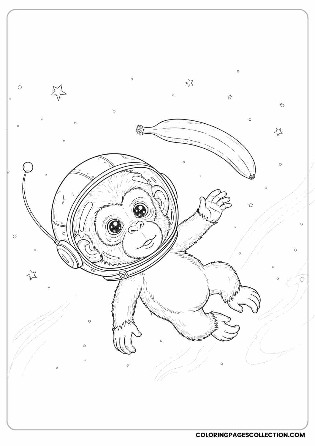 Astronaut monkey floating in space, wearing a small helmet, one banana floating next to it.