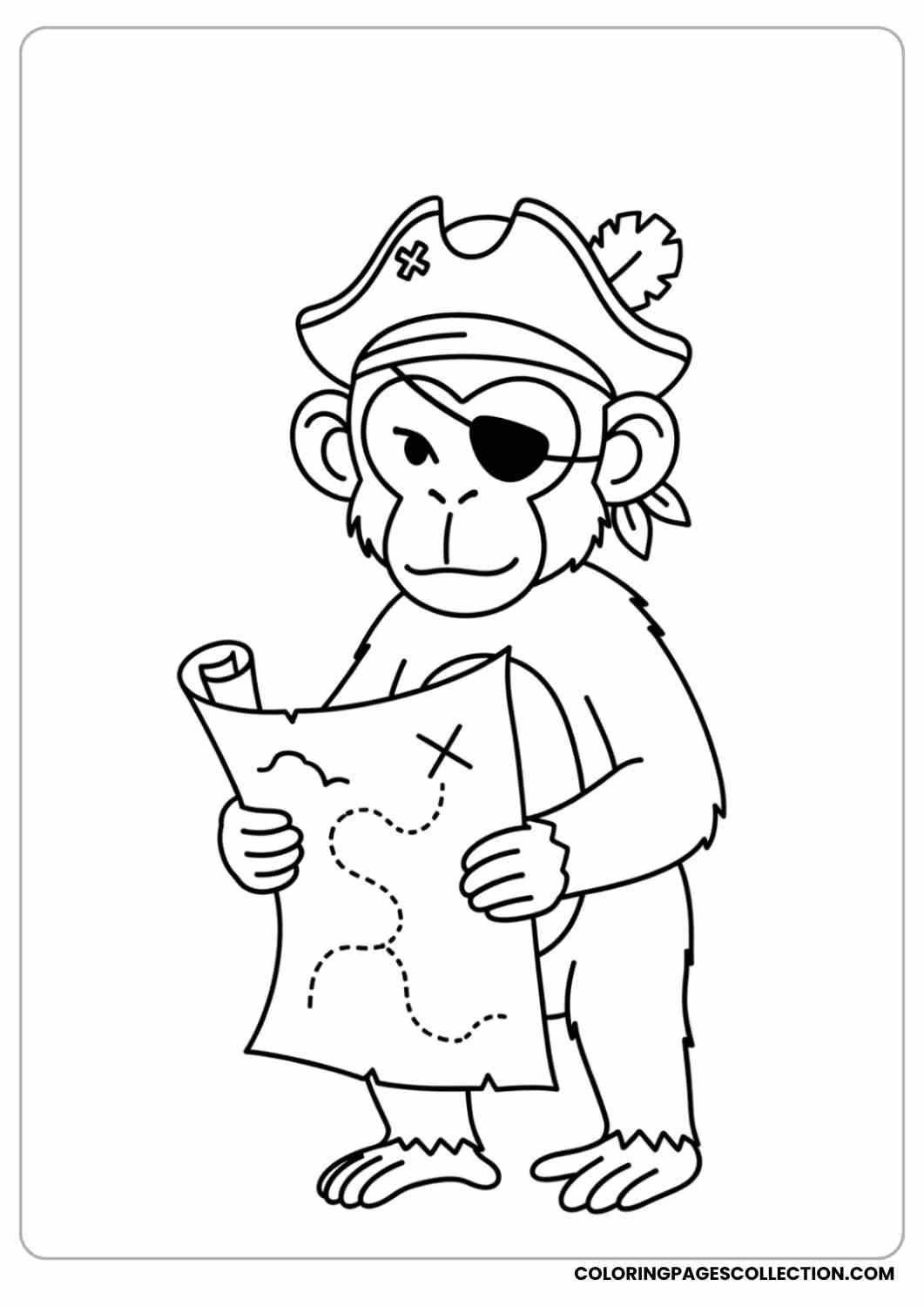 Pirate monkey with a tiny hat and eye patch, holding a treasure map.