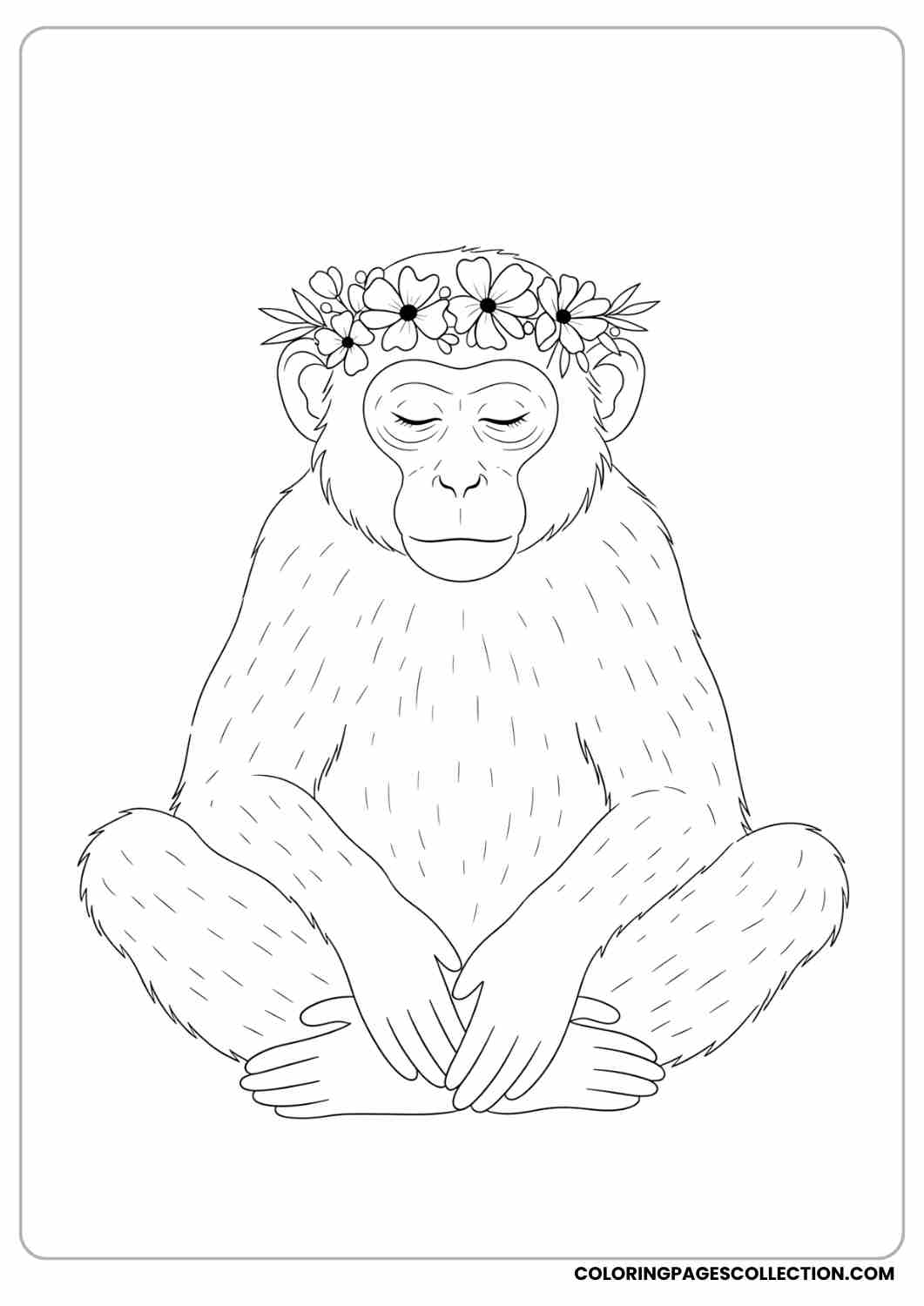 Monkey wearing a flower crown, sitting cross-legged with closed eyes, looking peaceful.