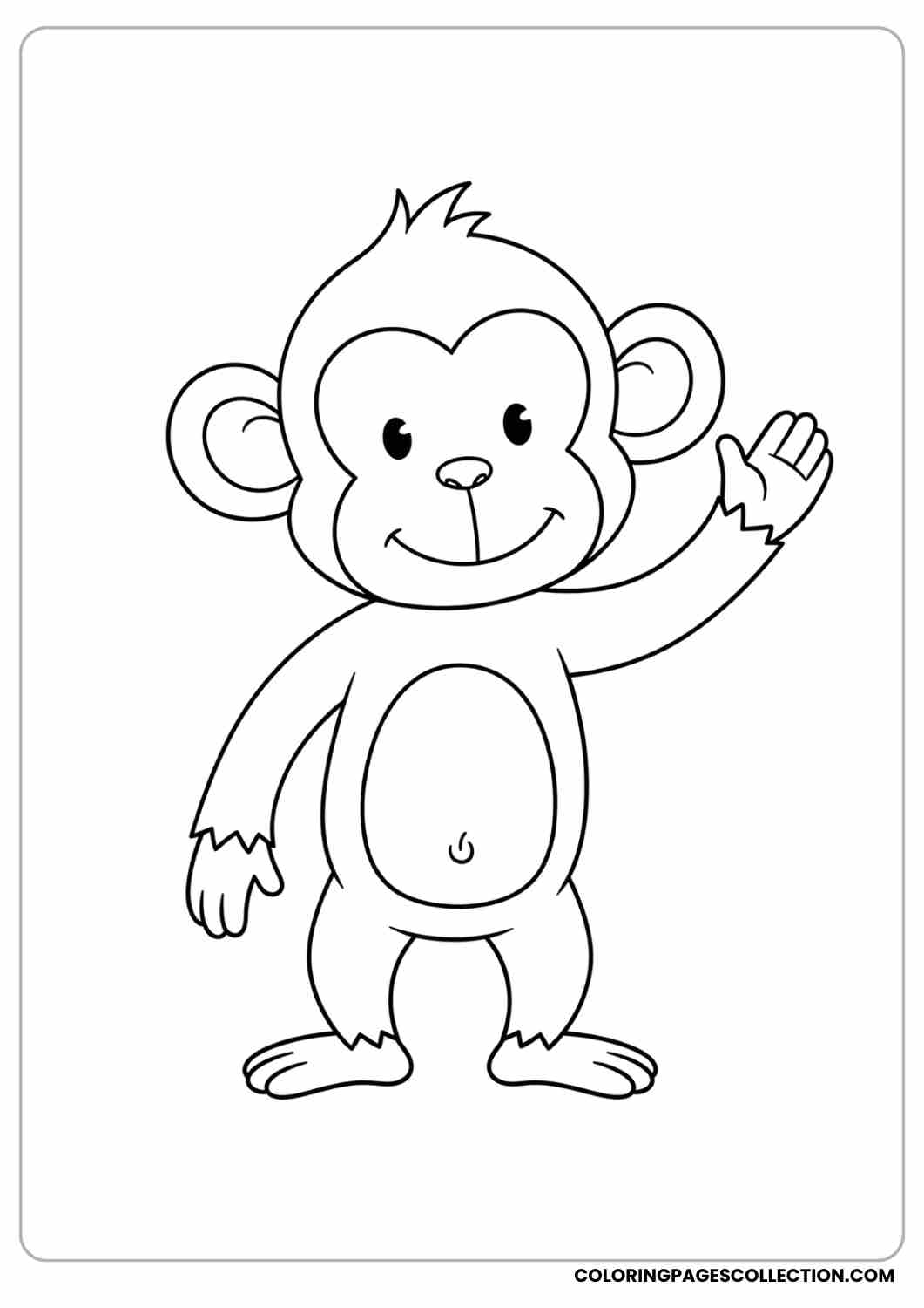 Playful monkey standing on two feet, waving one hand, round ears.