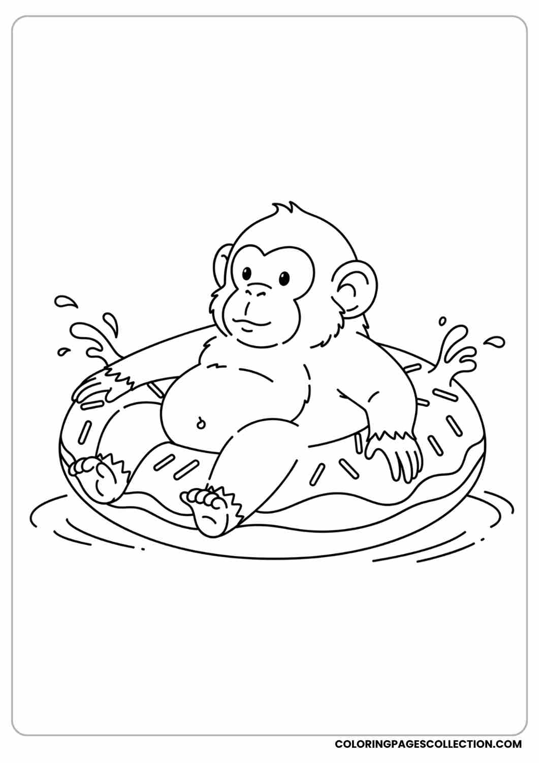Chubby monkey inside a donut floatie, small splashes of water around.