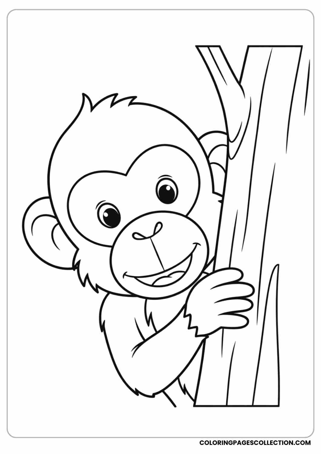 Happy monkey peeking from behind a tree trunk, large round head.