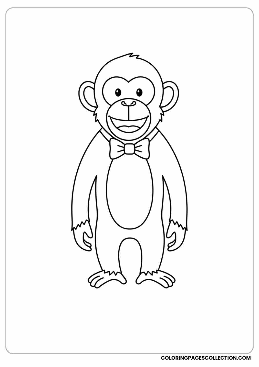 Smiling monkey wearing a bow tie, standing still.