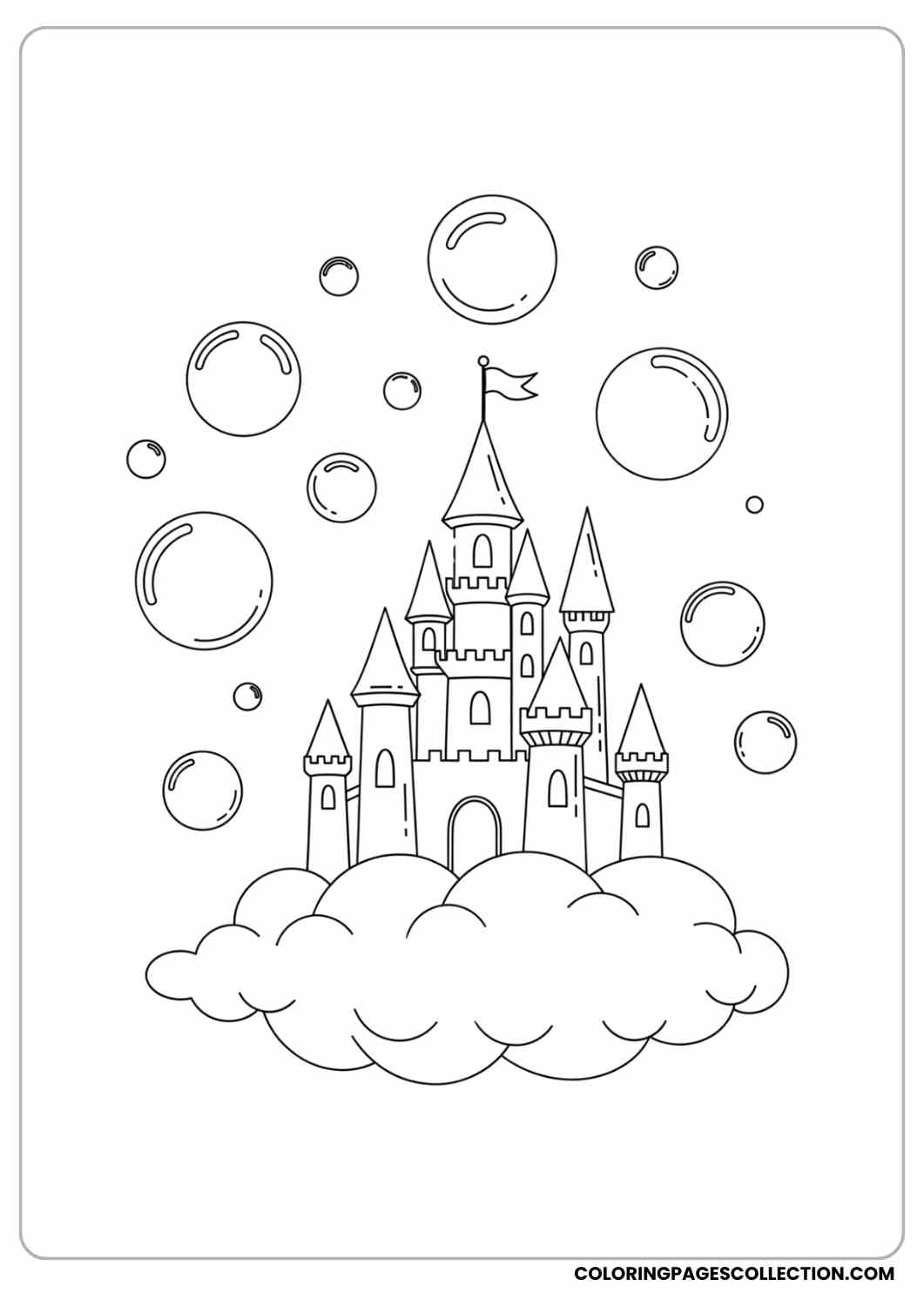 castle in clouds with bubbles coloring page