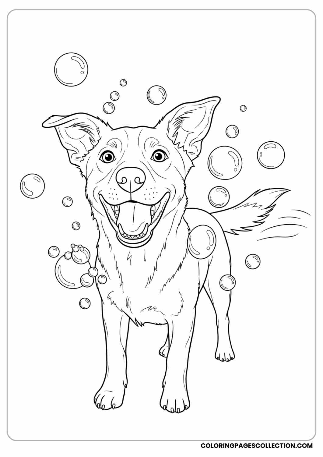 dog surrounded by happy bubbles coloring page