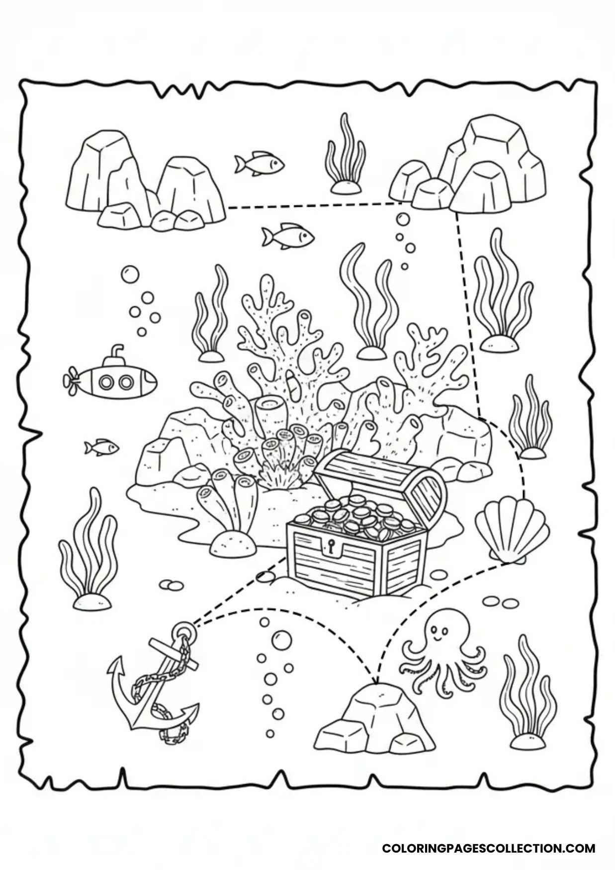 hidden treasure scene under the sea coloring sheet