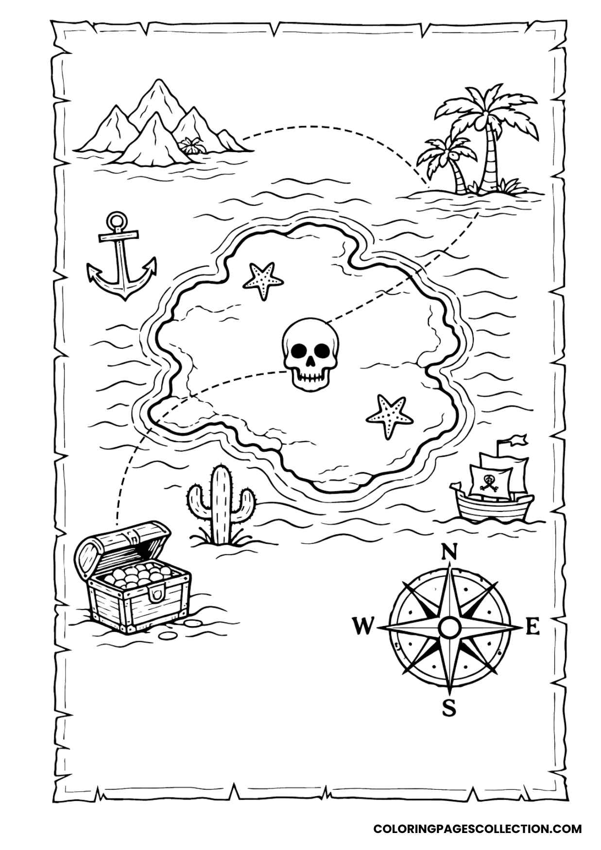 mysterious skull island treasure map coloring sheet