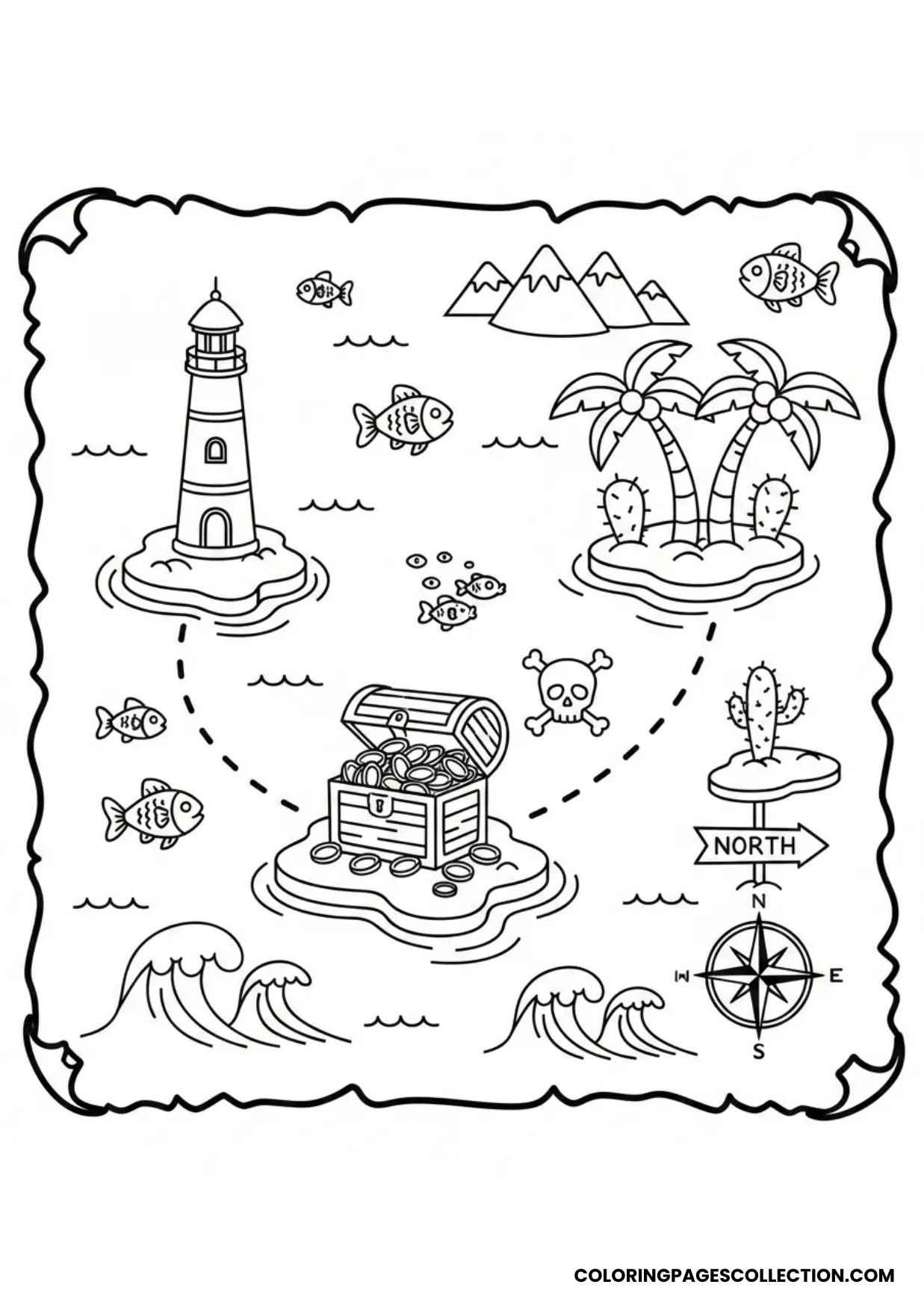 sea island with lighthouse and treasure map coloring sheet