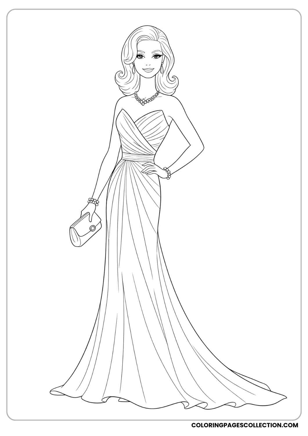 Barbie in a flowing evening gown, standing with one hand on her hip and the other holding a clutch bag