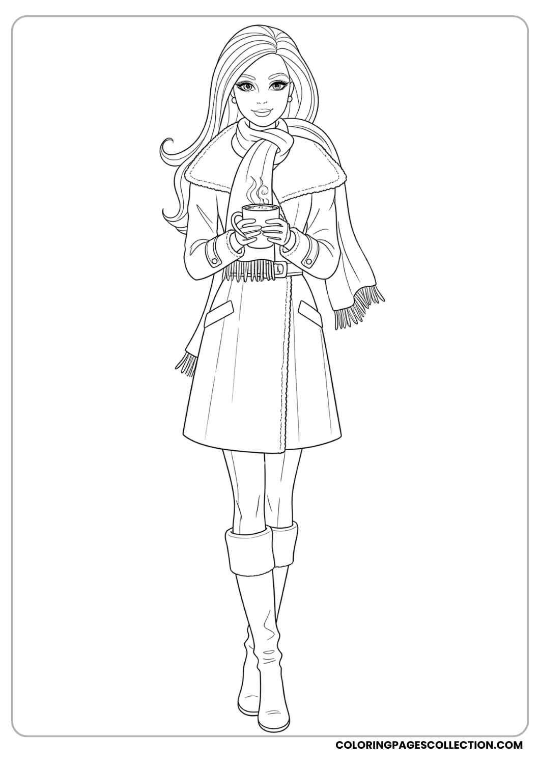 Barbie wearing a stylish winter coat, boots, and a scarf, holding a cup of hot cocoa