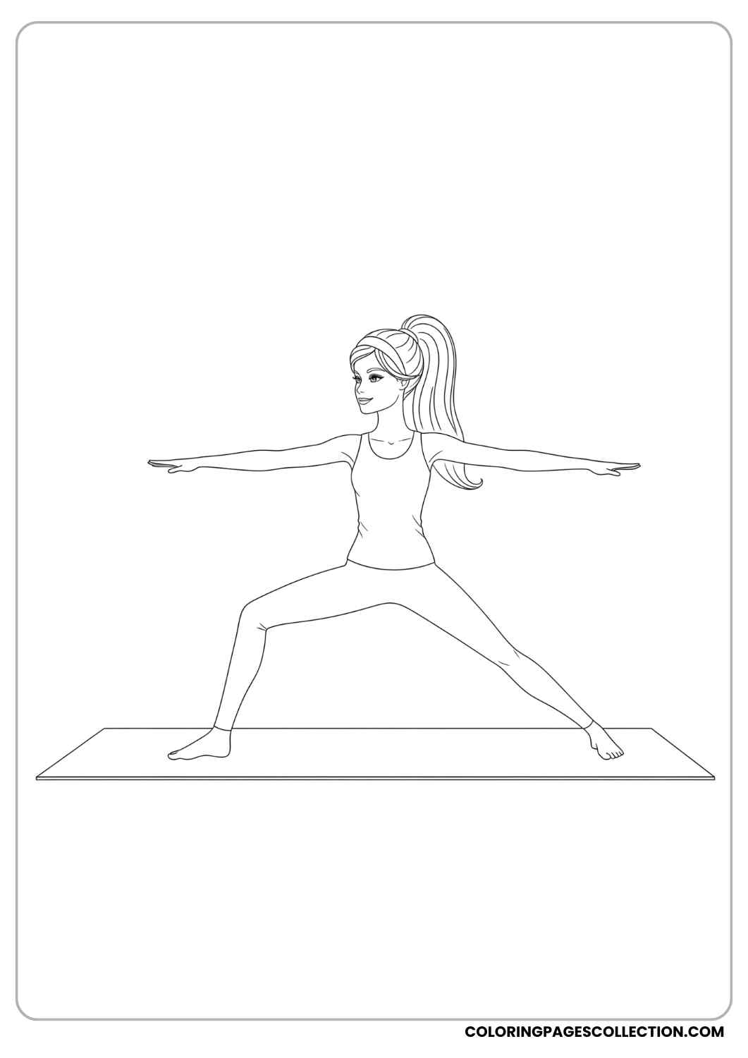 Barbie in workout clothes, doing yoga on a mat with her hair tied in a ponytail