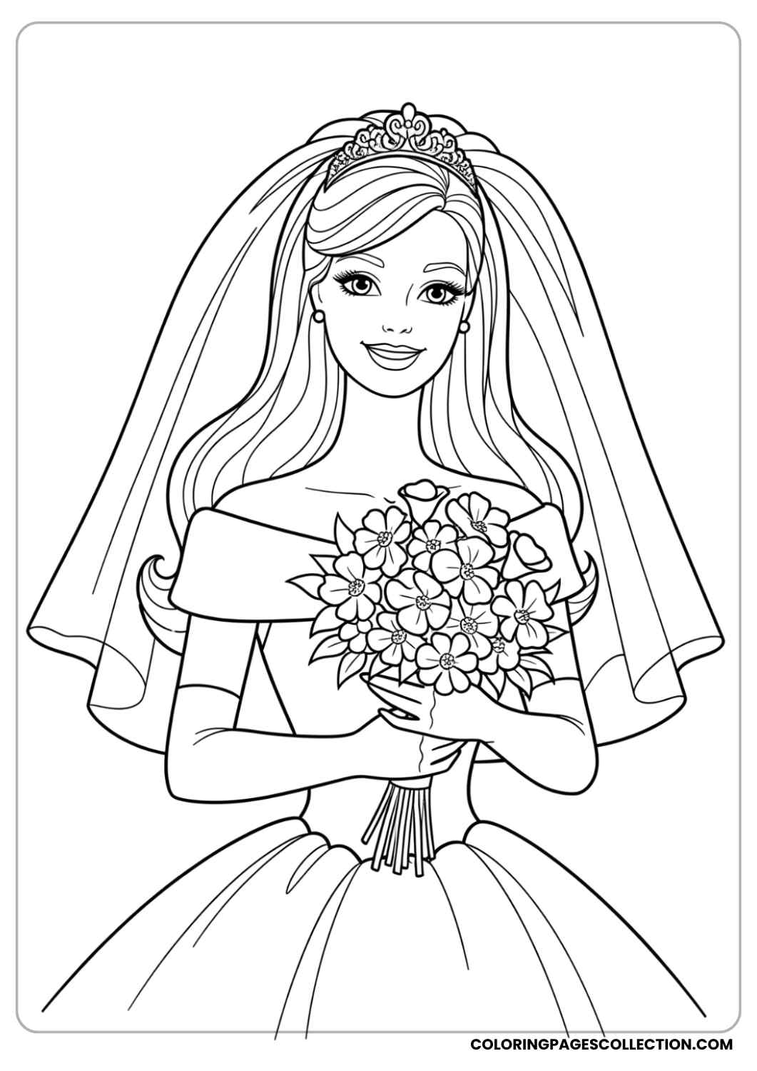Barbie in a wedding dress with a veil, holding a bouquet of flowers, smiling sweetly