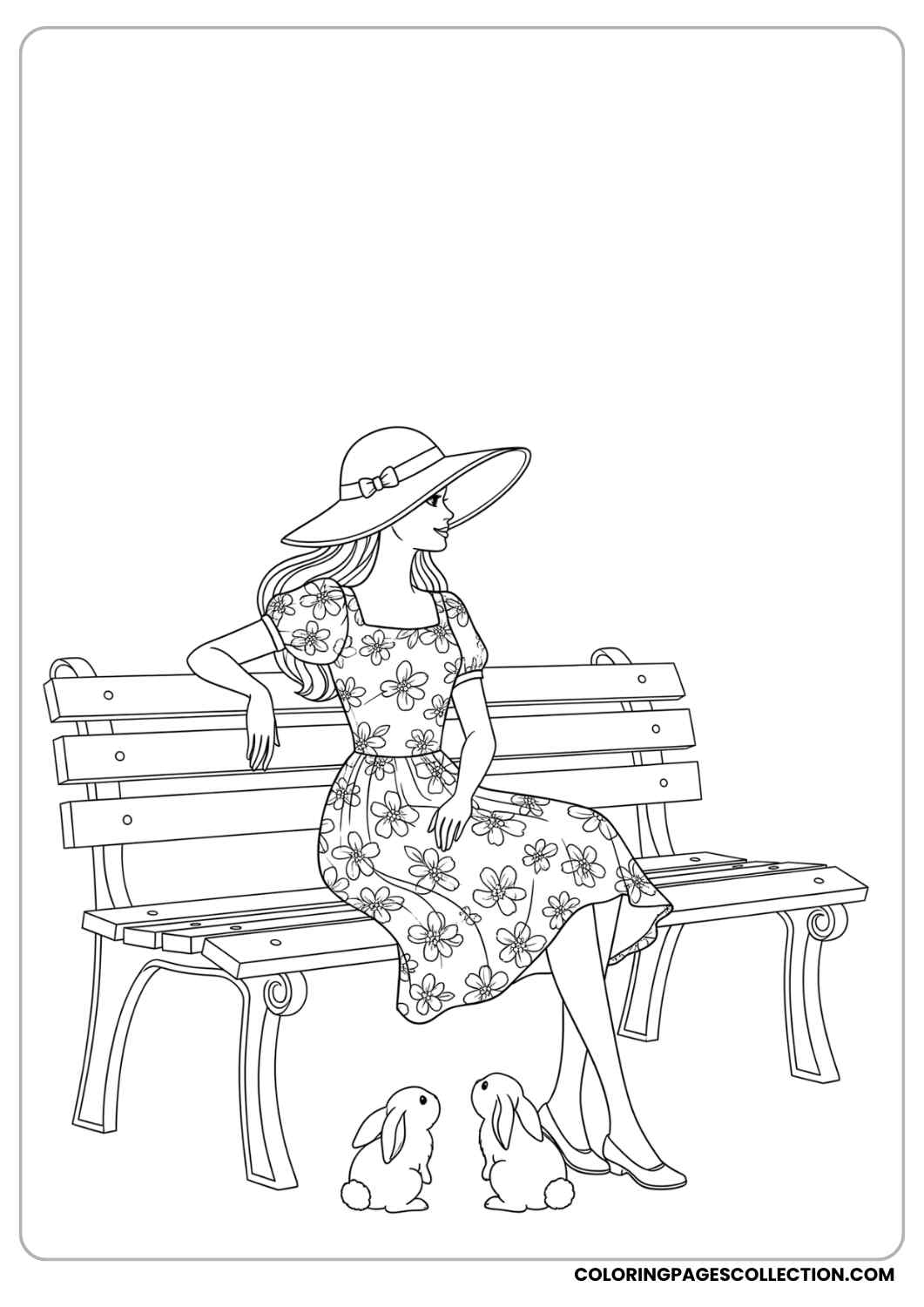 Barbie sitting on a park bench with two rabbits at her feet, wearing a floral dress and sun hat