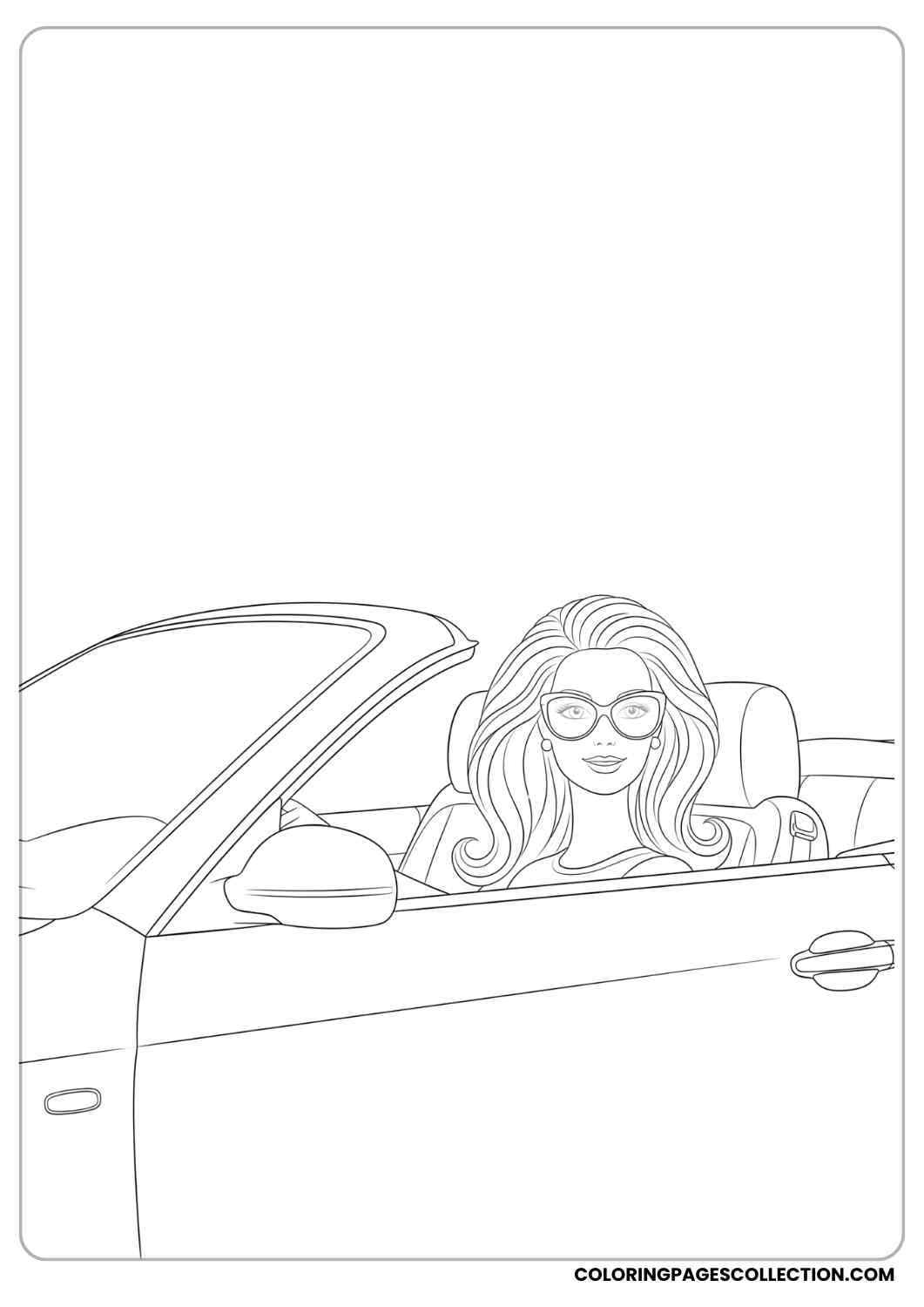 Barbie driving a convertible car with her hair flowing, looking stylish in sunglasses