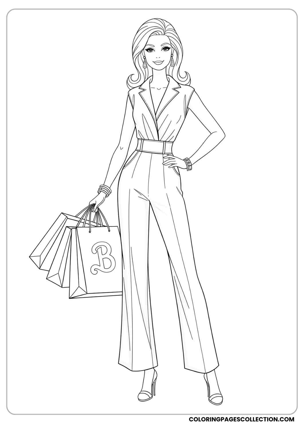 Barbie in a fashionable jumpsuit and high heels, carrying shopping bags