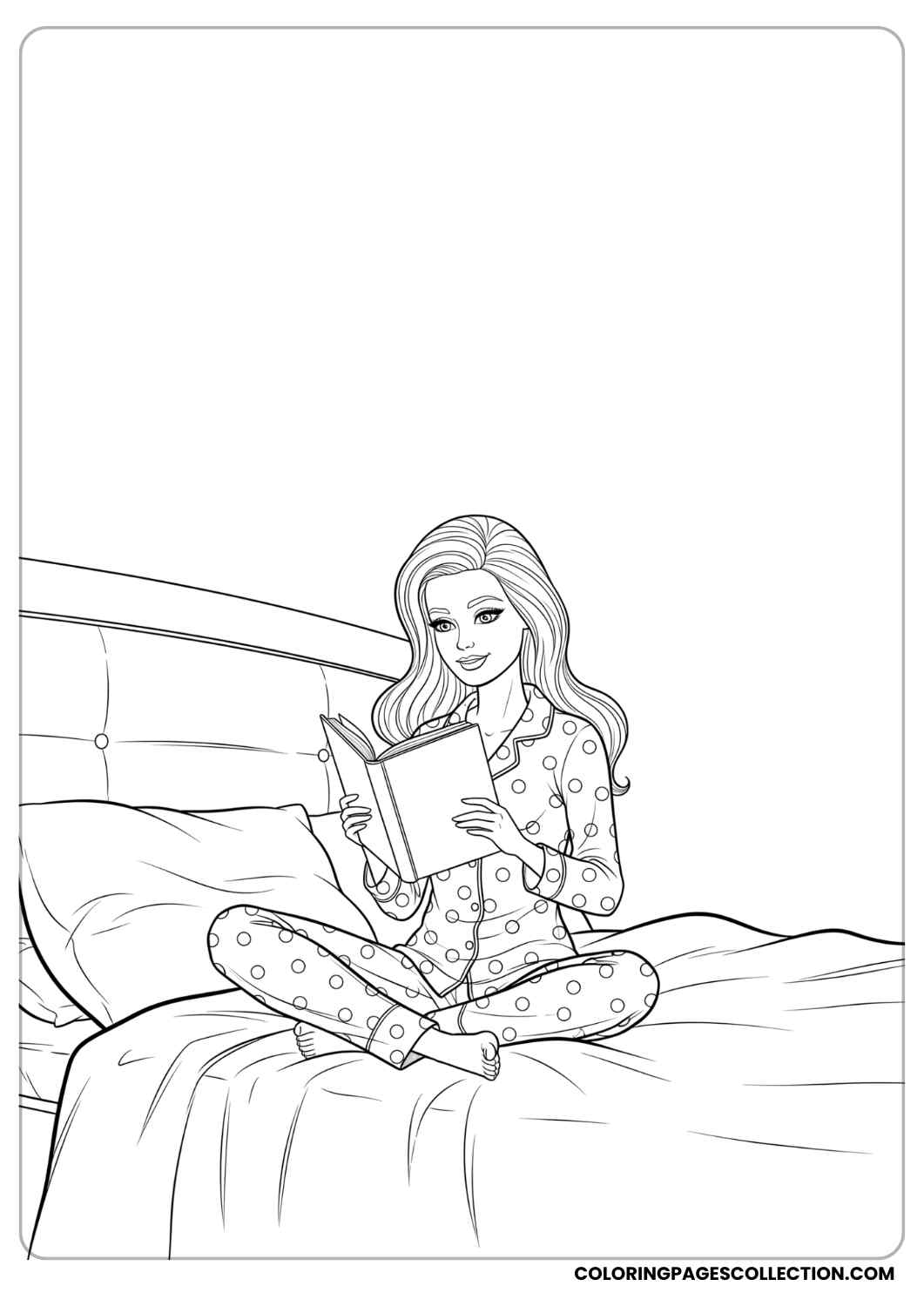 Barbie wearing night suit, sitting on a bed with a book in her hand and a cozy expression
