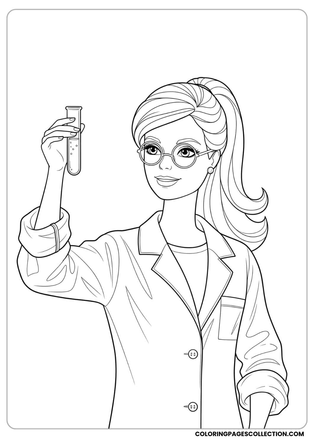 Barbie in a science lab coat, holding a test tube, wearing glasses