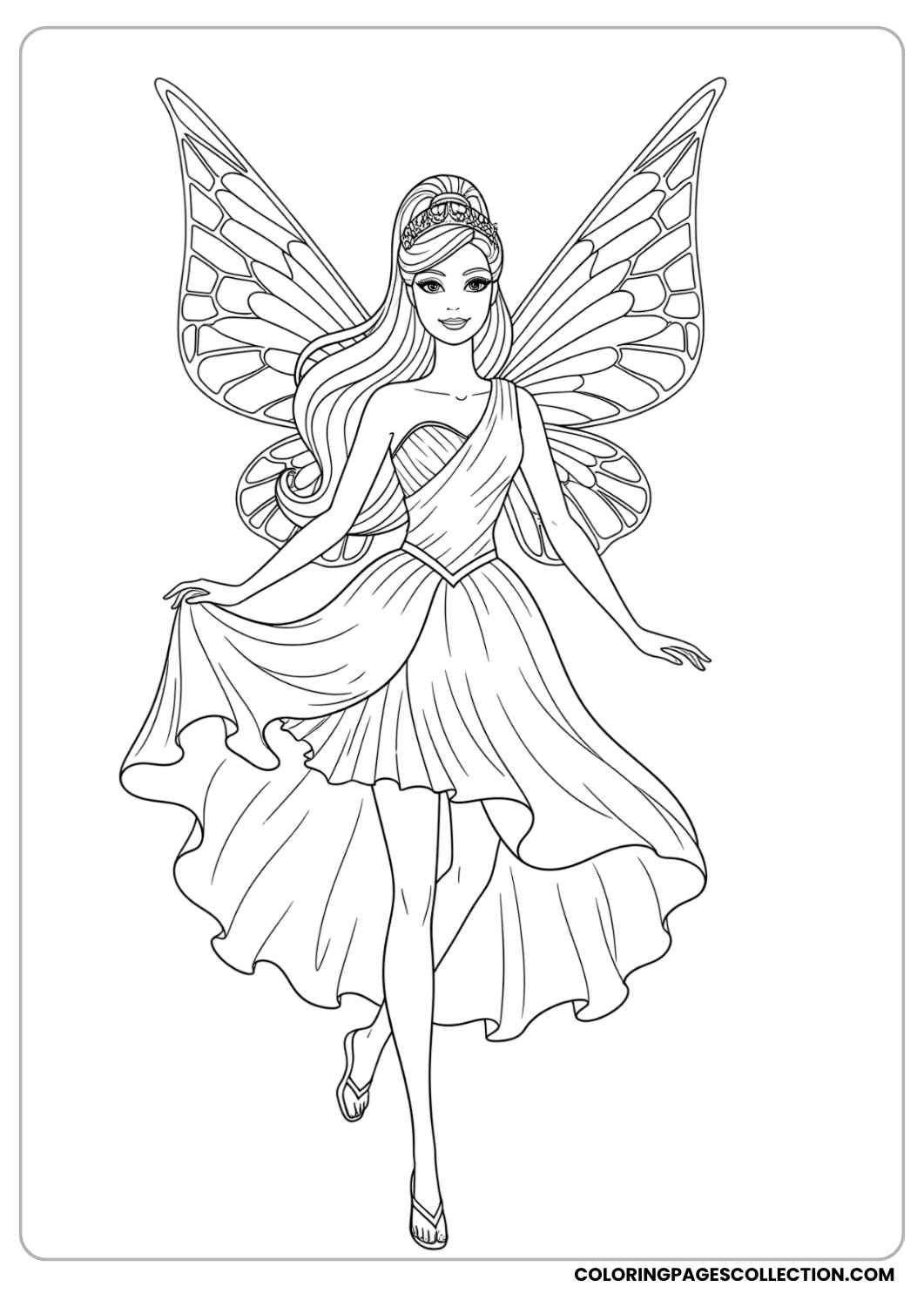 Barbie as a fairy with wings, wearing a magical dress, flying gracefully