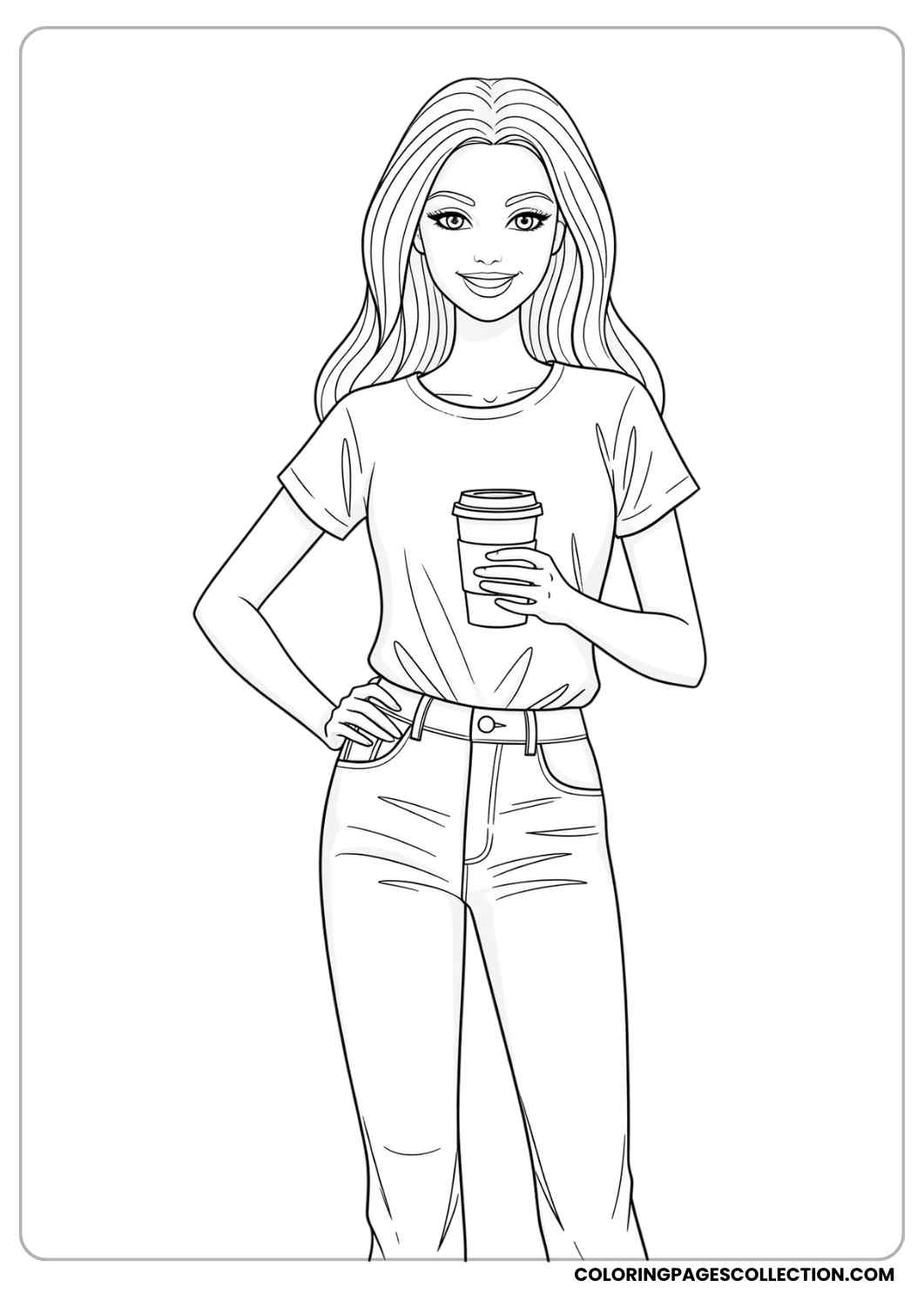 Barbie wearing a casual t-shirt and jeans, holding a coffee cup, standing in a relaxed pose with a confident smile