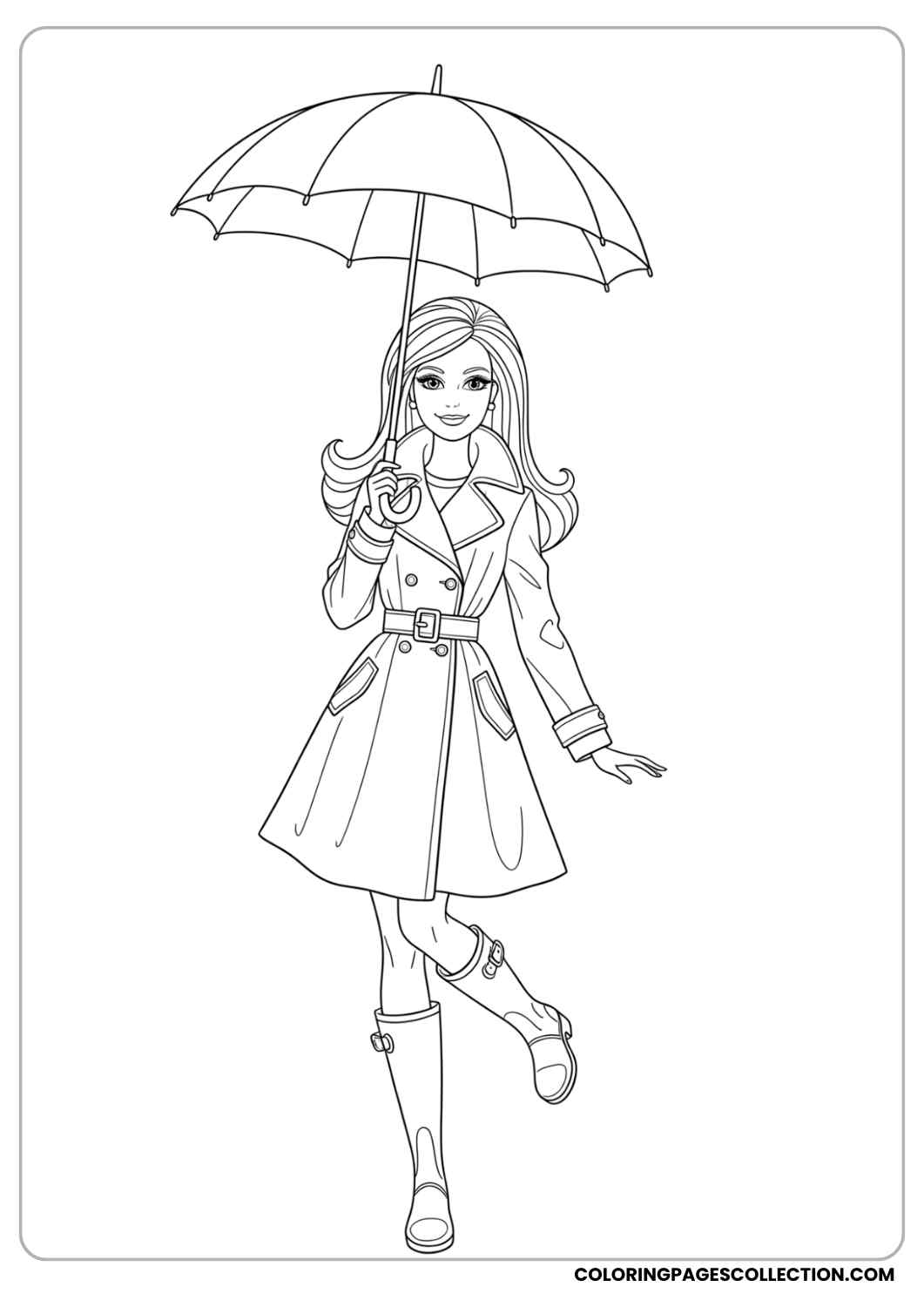 Barbie in a fashionable raincoat with an umbrella, standing with boots in a playful stance