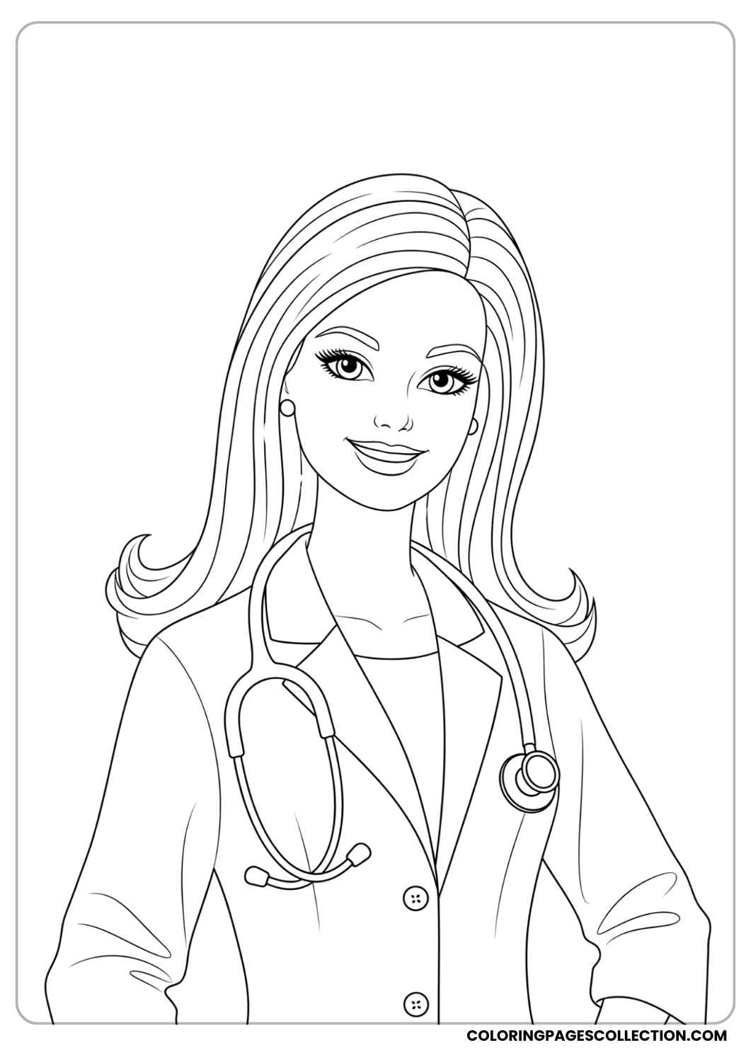 Barbie as a doctor with a stethoscope around her neck, wearing a lab coat and smiling confidently