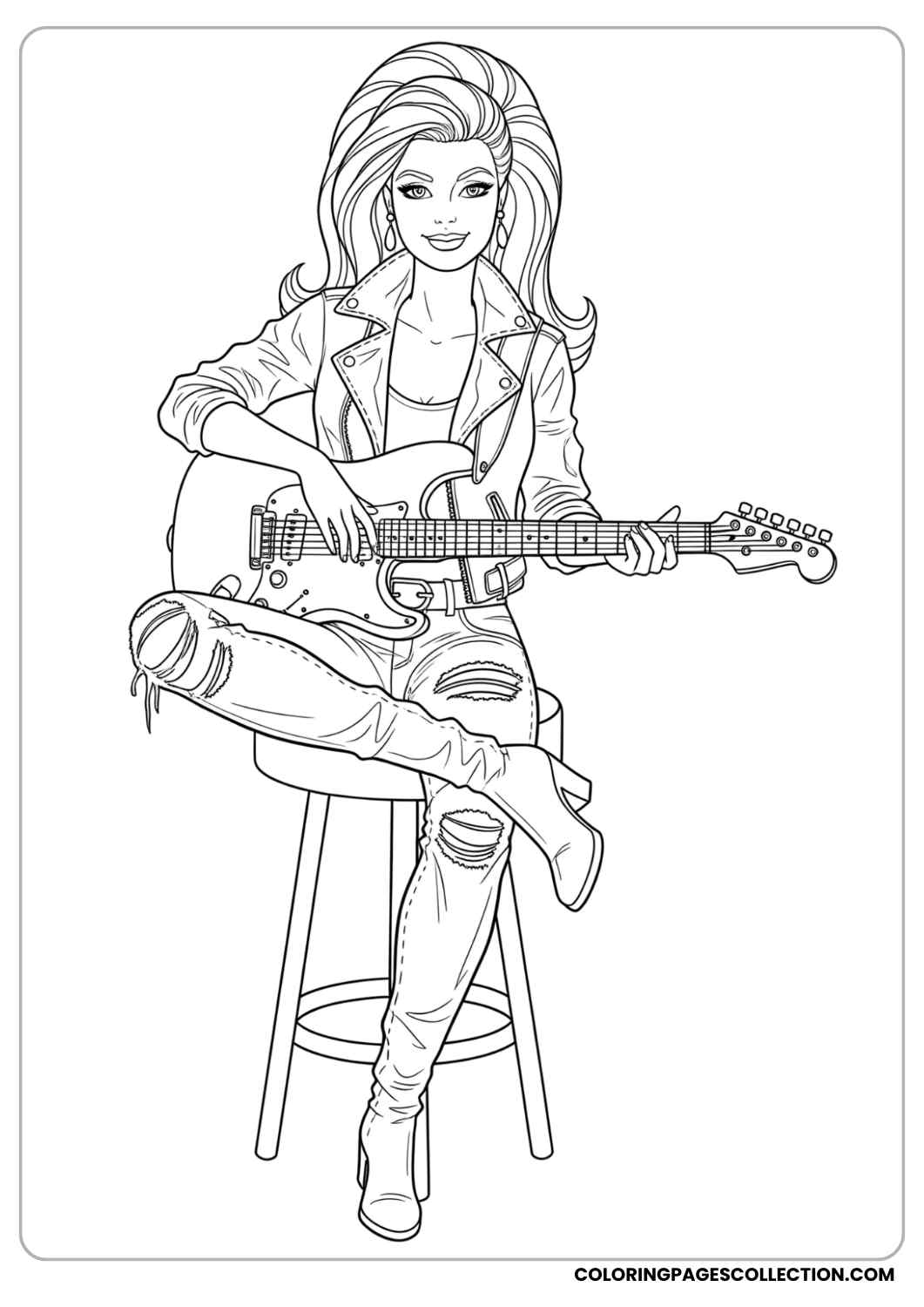 Barbie holding a guitar, sitting on a stool in a relaxed pose, looking like a rock star