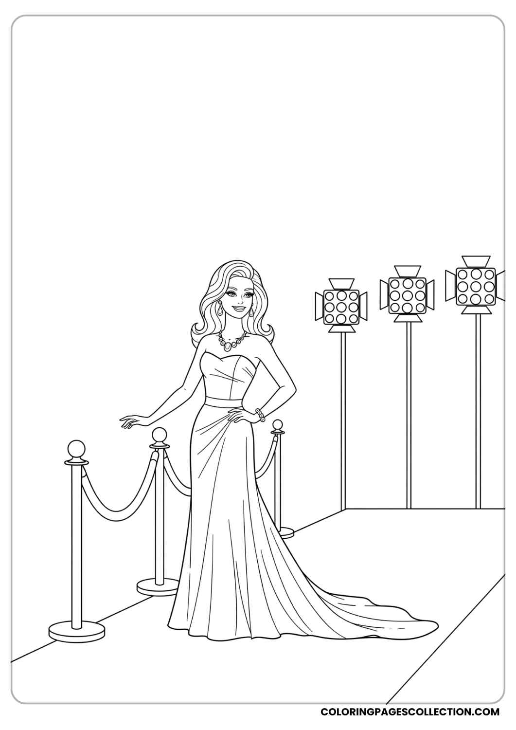 Barbie in a glamorous red carpet gown, standing near ropes and lights, posing like a celebrity